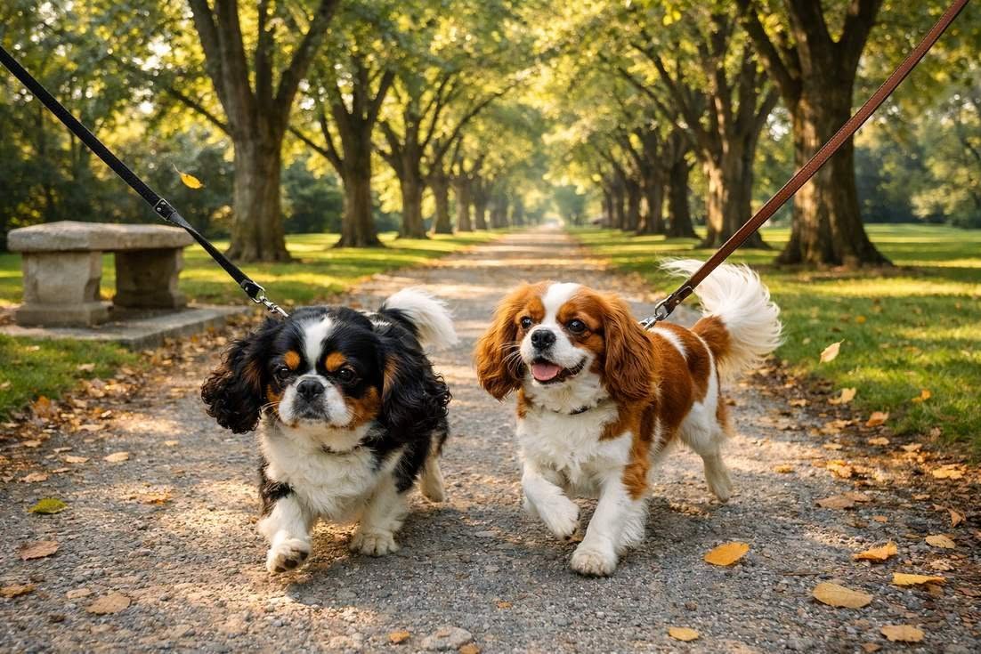 King Charles Spaniel And Cavalier Walking