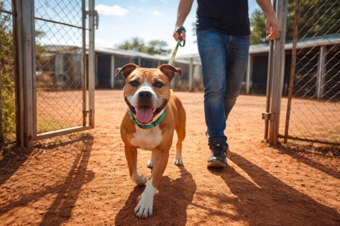 Dog Being Led By A Handler Into A Training Facility