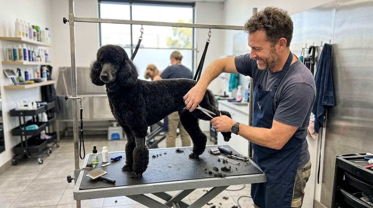 Man Grooming Standard Poodle